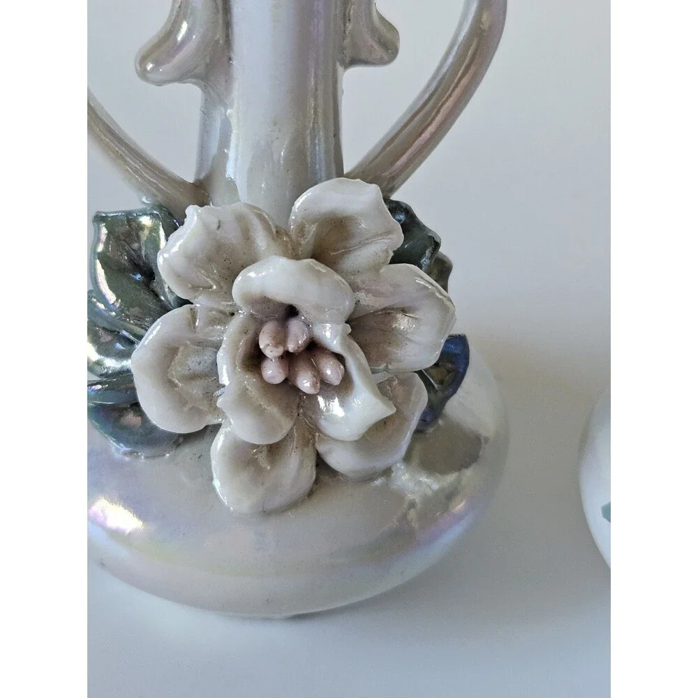Vintage Iridescent Lusterware Bud Vase Heart Handle Shape Wedding Princess Core